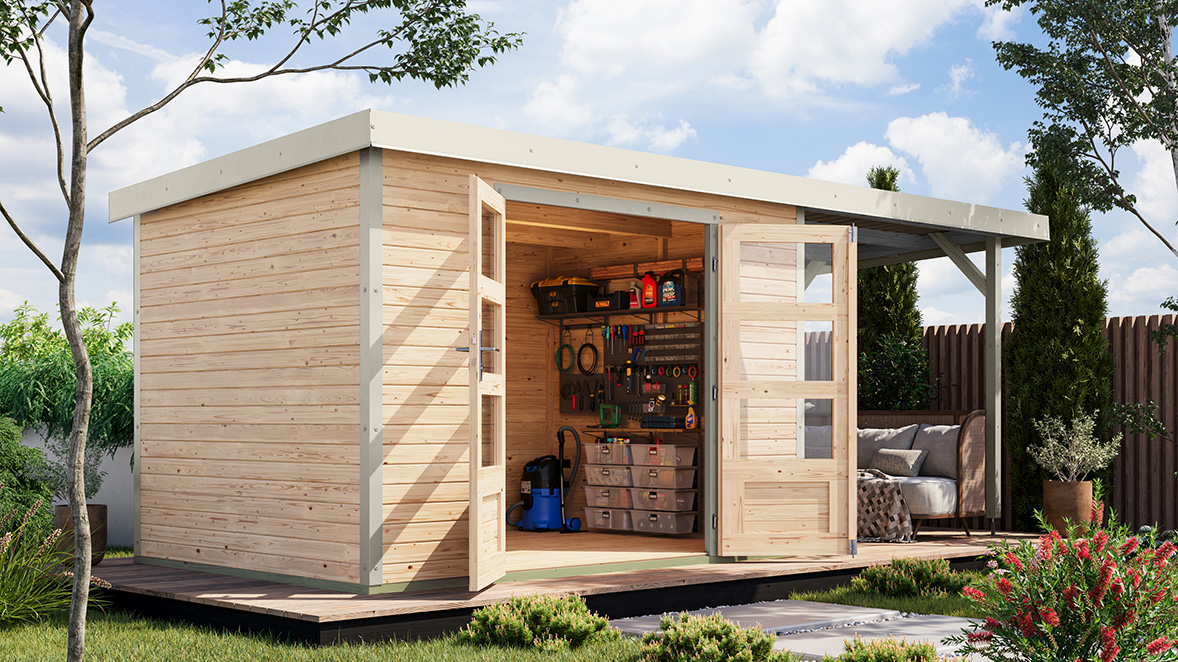 Bild von Karibu 19 mm Hybrid Gartenhaus Jupiter 4 mit Anbaudach